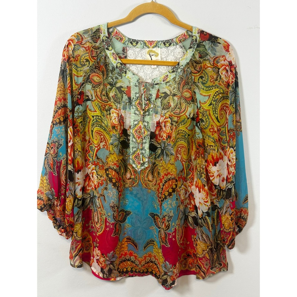 Fig and Flower Paisley Floral Lace Back Peasant Blouse Multi Color Large